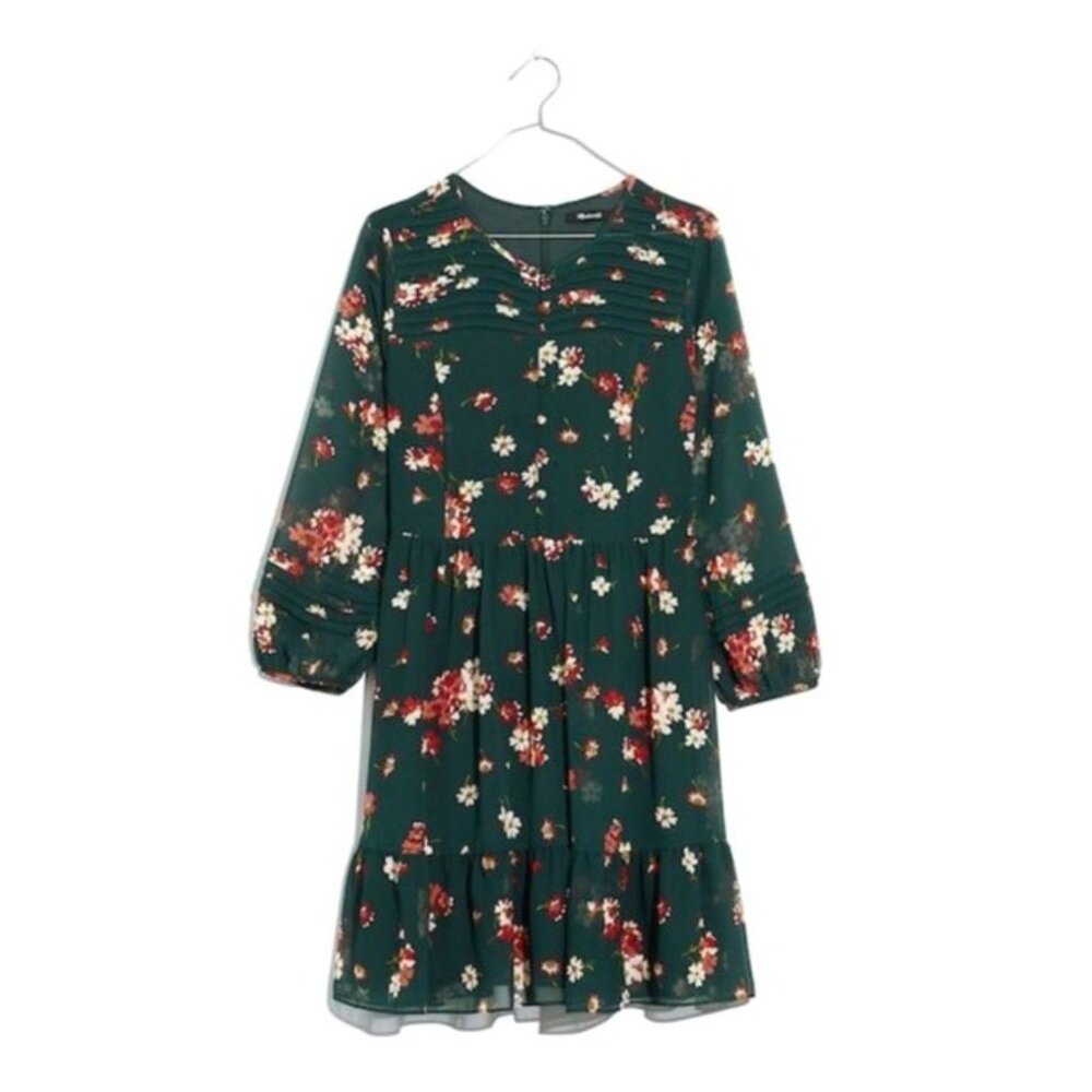 Madewell Womens Pintuck Green Floral Long Sleeve Dress Size 10